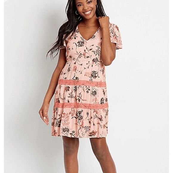Maurices Pink Floral Lace Trim Babydoll Dress Mini Gauzy Flowy Size Large - Picture 1 of 13